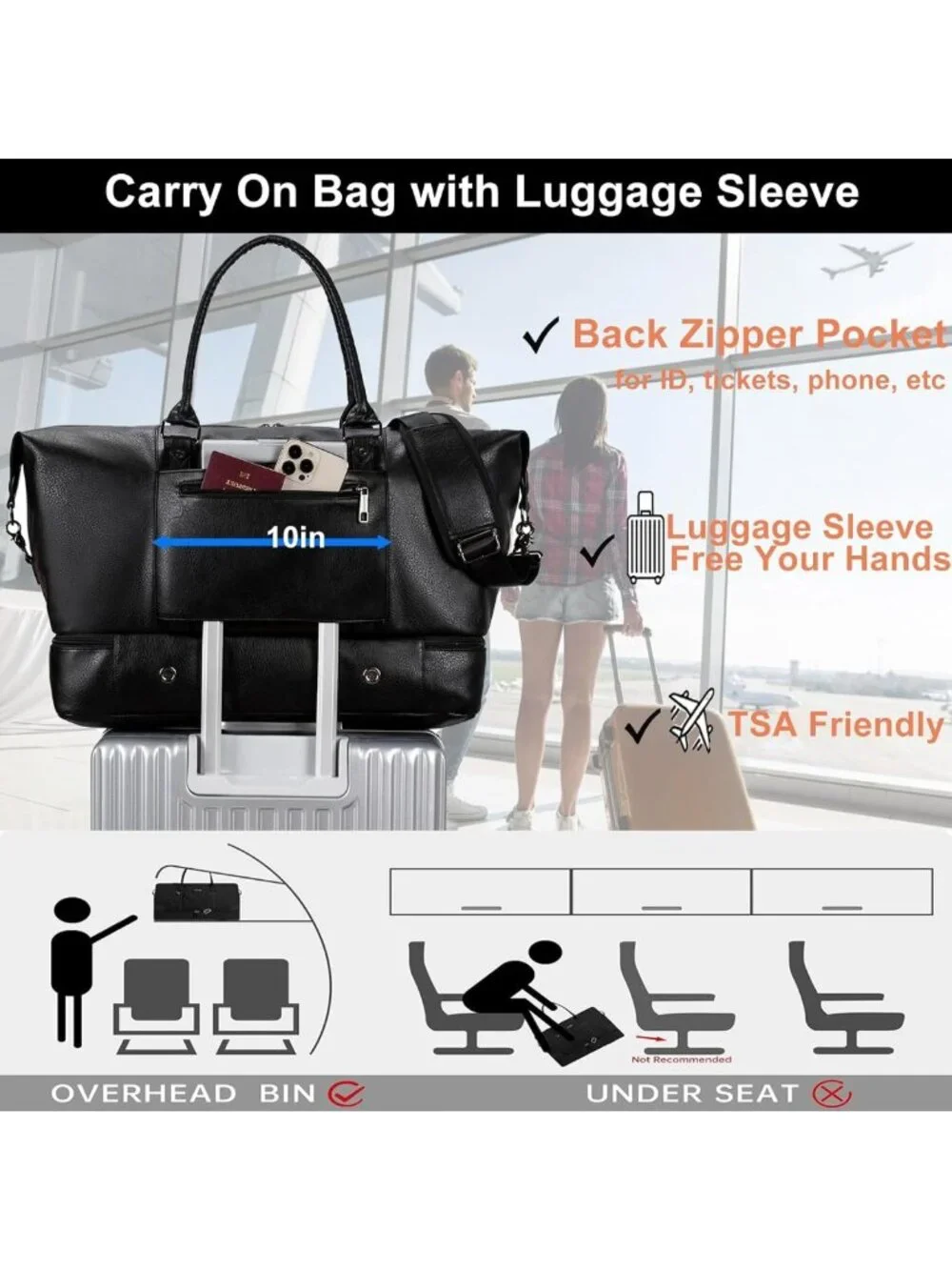 Large Faux Leather Weekender Duffel Bag with Shoes Compartment & Waterproof